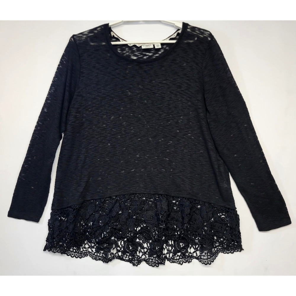 Cato Shirt Womens 18/20W Black Crochet Lace Hem Long Sleeve Tunic Plus Top
